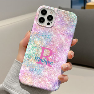 Funda Para iPhone 13 Monograma brillante iridiscente rosa unicornio lin