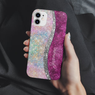 Funda Para iPhone 13 Monograma brillante rosa plateado iridiscente lind