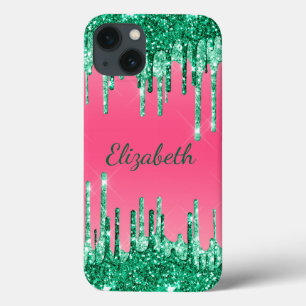 Funda Para iPhone 13 Monograma Brillos Goteo Rosa Verde De Moda