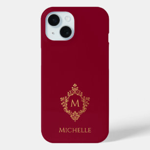 Funda Para iPhone 15 Monograma Burgundy Faux Gold Escudo inicial y nomb