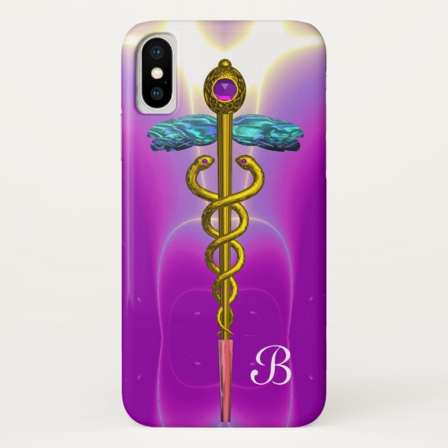 Funda De Case-Mate Para iPhone MONOGRAMA CADUCEUS DE ORO, Fuchsia rosa (Reverso)