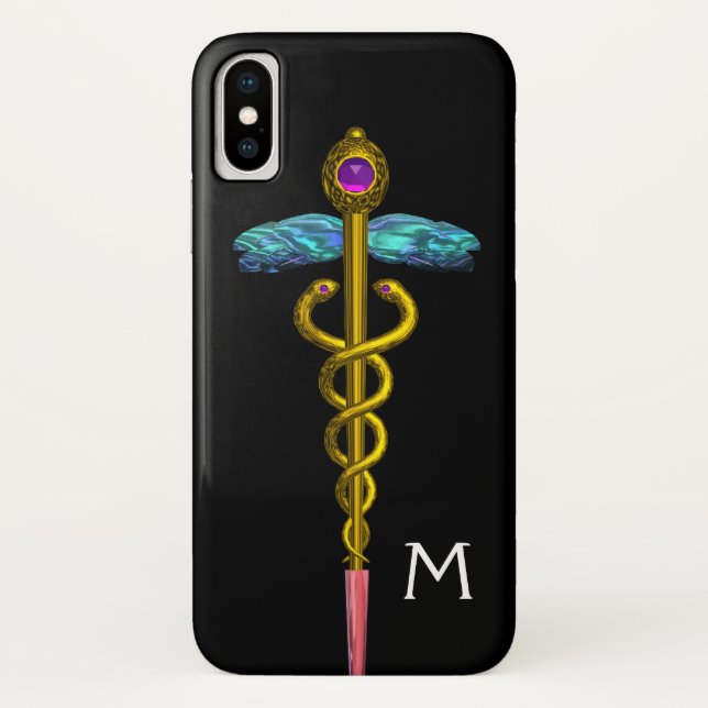 Funda De Case-Mate Para iPhone MONOGRAMA CADUCEUS ORO, negro (Reverso)