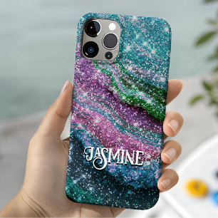 Funda Para iPhone 11 Monograma caprichosa ondulada azul púrpura Glitter