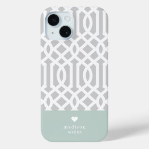 Funda Para iPhone 15 Monograma cardíaco de Mint y Gray Trellis