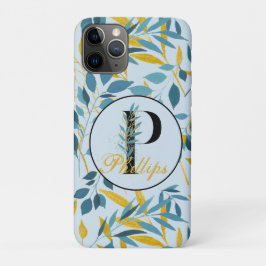 Funda Para iPhone 11 Pro Monograma "Carta P" de oro de la marina de hojas m