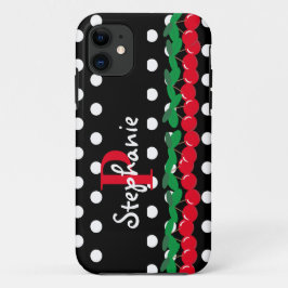 Funda Para iPhone 11 Monograma Cherries Rojas Puntos de Polka Blanco Re