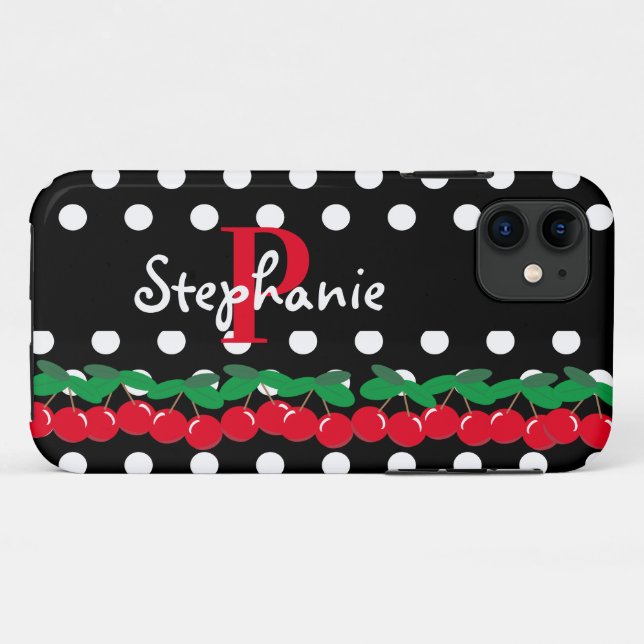 Funda De Case-Mate Para iPhone Monograma Cherries Rojas Puntos de Polka Blanco Re (Reverso (horizontal))