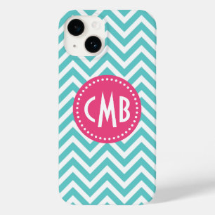Funda Para iPhone 14 De Case-Mate Monograma Chevron moderno turquesa y rosa