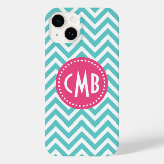 Funda Para iPhone 14 De Case-Mate Monograma Chevron moderno turquesa y rosa