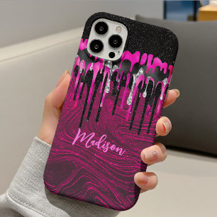 Funda Para iPhone 11 Monograma chic con gotas de purpurina rosa negro