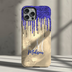 Funda Para iPhone 14 De Case-Mate Monograma chic de azul real con brillo dorado