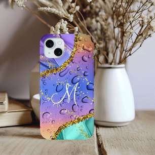 Funda Para iPhone 15 Mini Monograma Chic M Dorado Colores Arcoíris Gotitas d