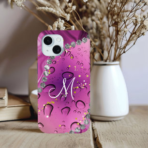 Funda Para iPhone 15 Monograma Chic M Glam en Plata Gotitas de Lluvia M