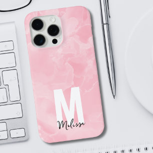Funda Para iPhone 15 Pro Max Monograma Chic Moderno de Mármol Rosa Acuarela