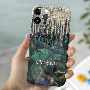 Funda Para iPhone 11 Pro Monograma chic verde turquesa destellos dorados