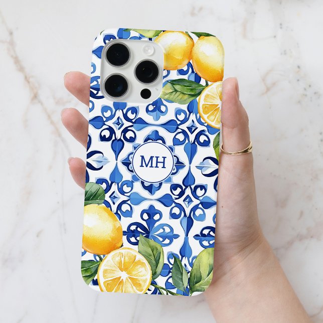 Funda De Case-Mate Para iPhone Monograma Cítricos Limón Fruta Elegante Mediterrán (Monogram Lemon Citrus Fruit Elegant Mediterranean Case-Mate iPhone Case)