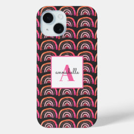 Funda Para iPhone 15 Monograma Color de agua rosado y negro Patrón Arco