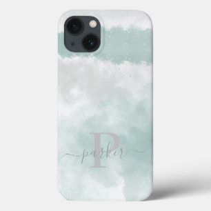 Funda Para iPhone 13 Monograma color de agua verde elegante
