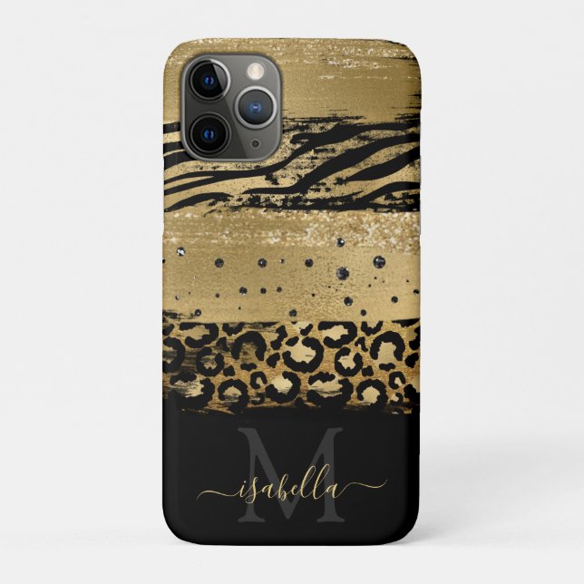 Funda De Case-Mate Para iPhone Monograma con Glitter Dorado Moderno (Reverso)