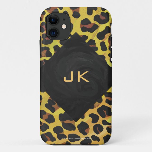 Funda De Case-Mate Para iPhone Monograma con leopardo marrón y amarillo (Reverso)