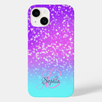 Funda Para iPhone 14 De Case-Mate Monograma con nombre de Purpurina rosa y morado