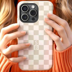 Funda Para iPhone 15 Monograma con Patrón de Cuadros Retro Beige