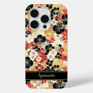 Funda Para iPhone 15 Pro Monograma con patrón floral dorado japonés