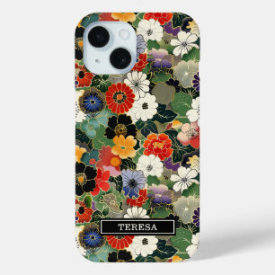 Funda Para iPhone 15 Monograma con Patrón Floral Japonés Colorido