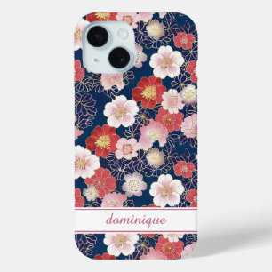 Funda Para iPhone 15 Monograma con patrón floral rosa japonés