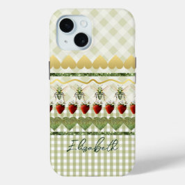 Funda Para iPhone 15 Monograma Corazones Abejas Cuadros y Lunares Verde