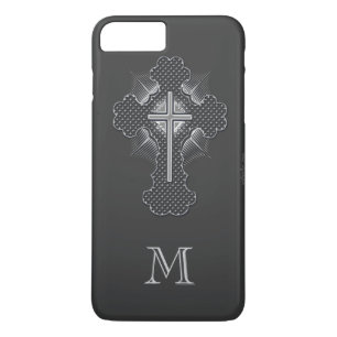 Funda Para iPhone 8 Plus/7 Plus Monograma cristiano del gris de la cruz del cromo