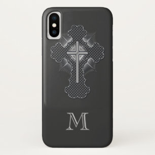 Funda Para iPhone X Monograma cristiano del gris de la cruz del cromo
