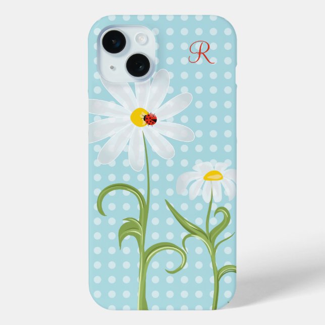 Funda De Case-Mate Para iPhone Monograma Daisies y Lady Bug Polka Dot Blue (Reverso )
