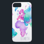 Funda Para iPhone 8/7 Monograma de acuarela brillante del mapa del mundo<br><div class="desc">Un moderno monograma,  luminoso y colorido mapa del mundo pintado a mano en forma de globo con gradiente y acuarela oscura en tonos rosa,  morado,  azul,  turquesa y verde. Un regalo perfecto para el viajero y el aficionado a la geografía. Una representación abstracta del mundo en la pintura acuarela.</div>