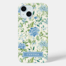 Funda Para iPhone 15 Monograma de Acuarela de Hortensia Azul