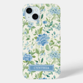 Funda Para iPhone 15 Mini Monograma de Acuarela de Hortensia Azul