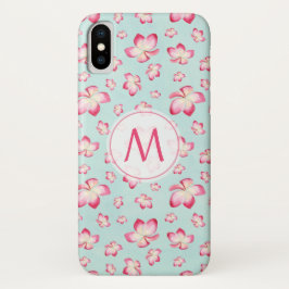 Funda Para iPhone X Monograma de acuarela de plumeria rosada tropical