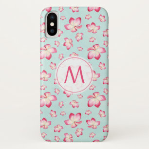 Funda Para iPhone X Monograma de acuarela de plumeria rosada tropical