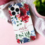 Funda Para iPhone 13 Pro Max Monograma de acuarela floral de color rojo azul ru<br><div class="desc">Funda de monograma floral rústico de color azul rojo elegante con peonías rojas pintadas de bonito,  flores azul marino,  hojas verdes y ramo.</div>