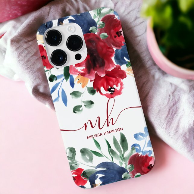 Funda De Case-Mate Para iPhone Monograma de acuarela floral de color rojo azul ru (Rustic red blue elegant floral watercolor monogram Case-Mate iPhone case)