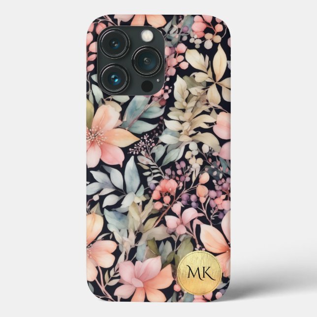 Funda De Case-Mate Para iPhone Monograma de acuarela floral rosa negro y dorado e (Reverso )