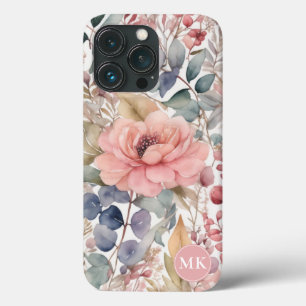 Funda Para iPhone 13 Pro Monograma de acuarela floral rosada de Rubor rusti