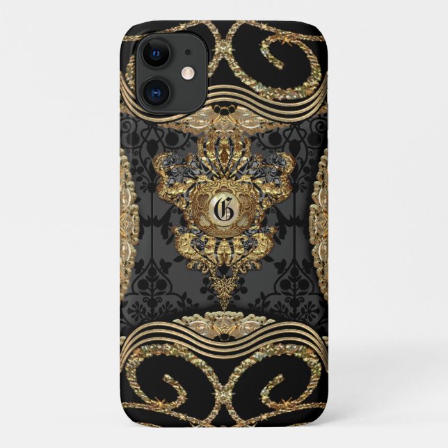 Funda De Case-Mate Para iPhone Monograma de Amymica Damask (Reverso)