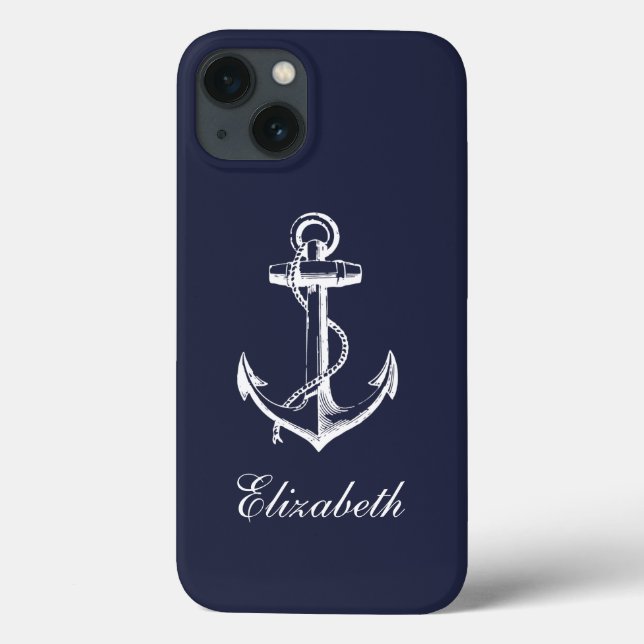 Funda De Case-Mate Para iPhone Monograma de ancla azul marino (Reverso)