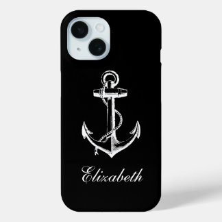 Funda Para iPhone 15 Monograma de ancla blanca y negra