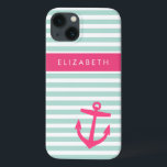 Funda Para iPhone 13 Monograma de anclaje de tiras náuticas de tinta y<br><div class="desc">Bandas horizontales náuticas delgadas con un ancla suave y personalizado con un nombre o un monograma personalizado</div>