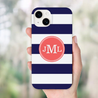 Funda Para iPhone 14 De Case-Mate Monograma de banda ancha azul y coral de la marina