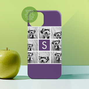 Funda Para iPhone 15 Pro Monograma de berenjena morado y Collage de fotos b