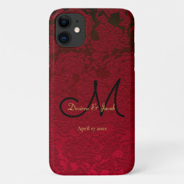 Funda Para iPhone 11 Monograma de Boda de Invierno de Oro Rojo Negro na