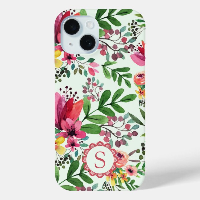 Funda De Case-Mate Para iPhone Monograma de Bonito floral de acuarela vibrante (Reverso )